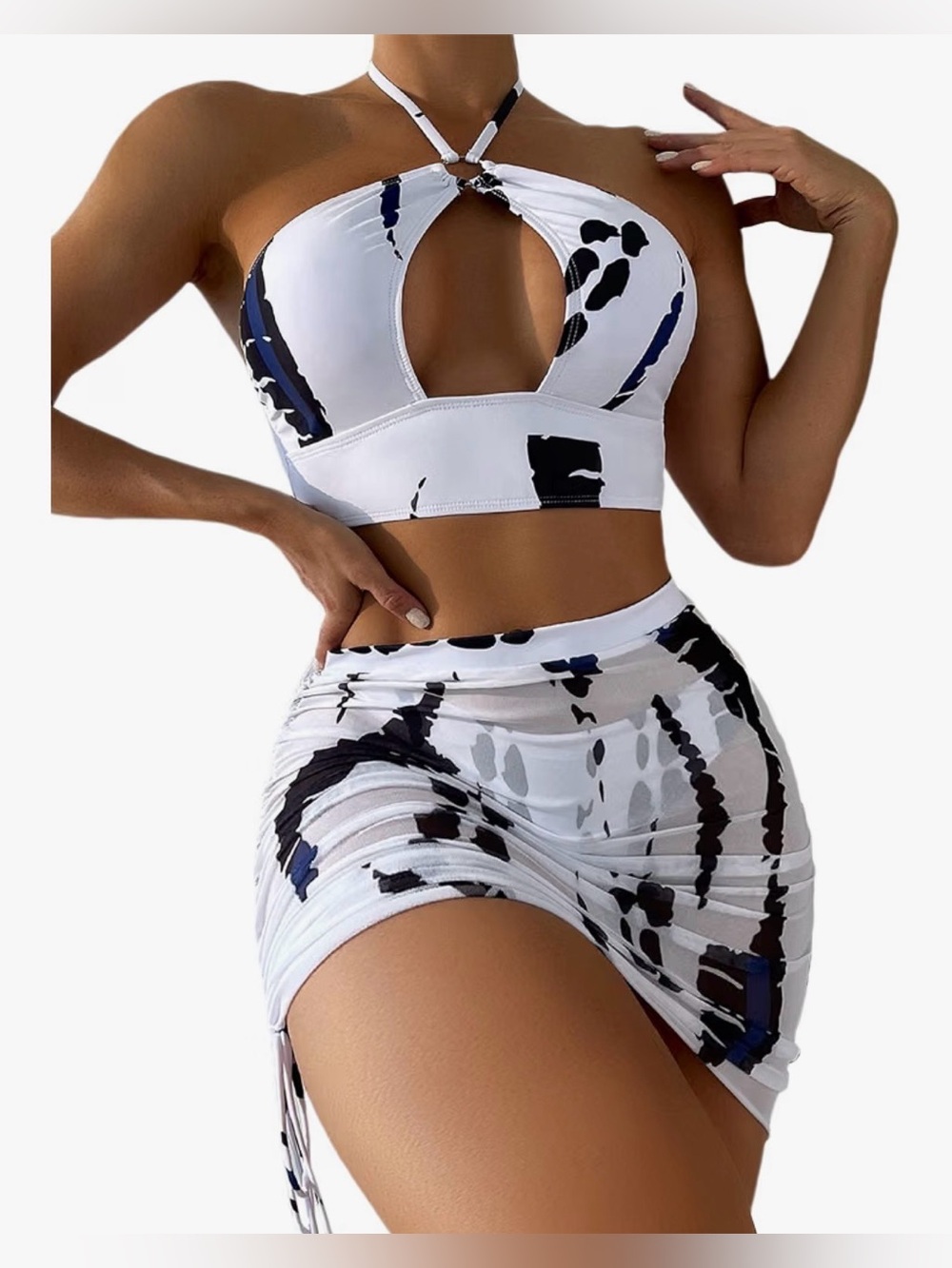 MakeMeChic 3 Piece Halter Bikini Set Cover Up Skirt Black White XL New
